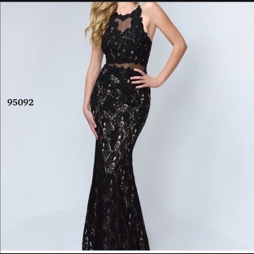 Lace prom dress with iridescent beading